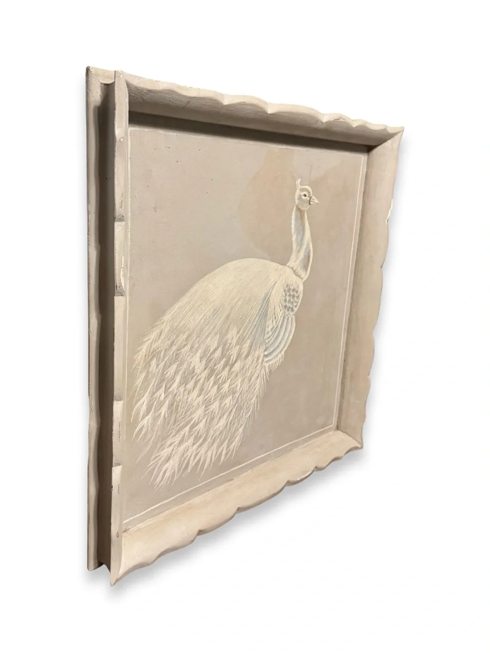 Vintage Hand Painted White Peacock Wood Tray Wall Art 24x24